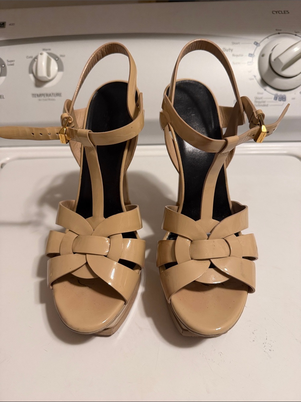 Saint Laurent Beige Patent Leather Strappy High Heel Sandals